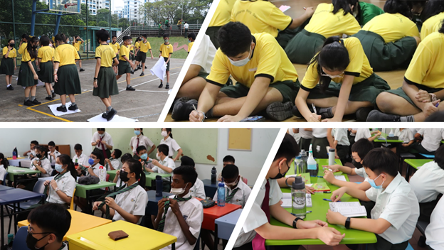 Four-panel collage of school students in uniforms doing outdoor activities, group work on floor, and classroom tasks.